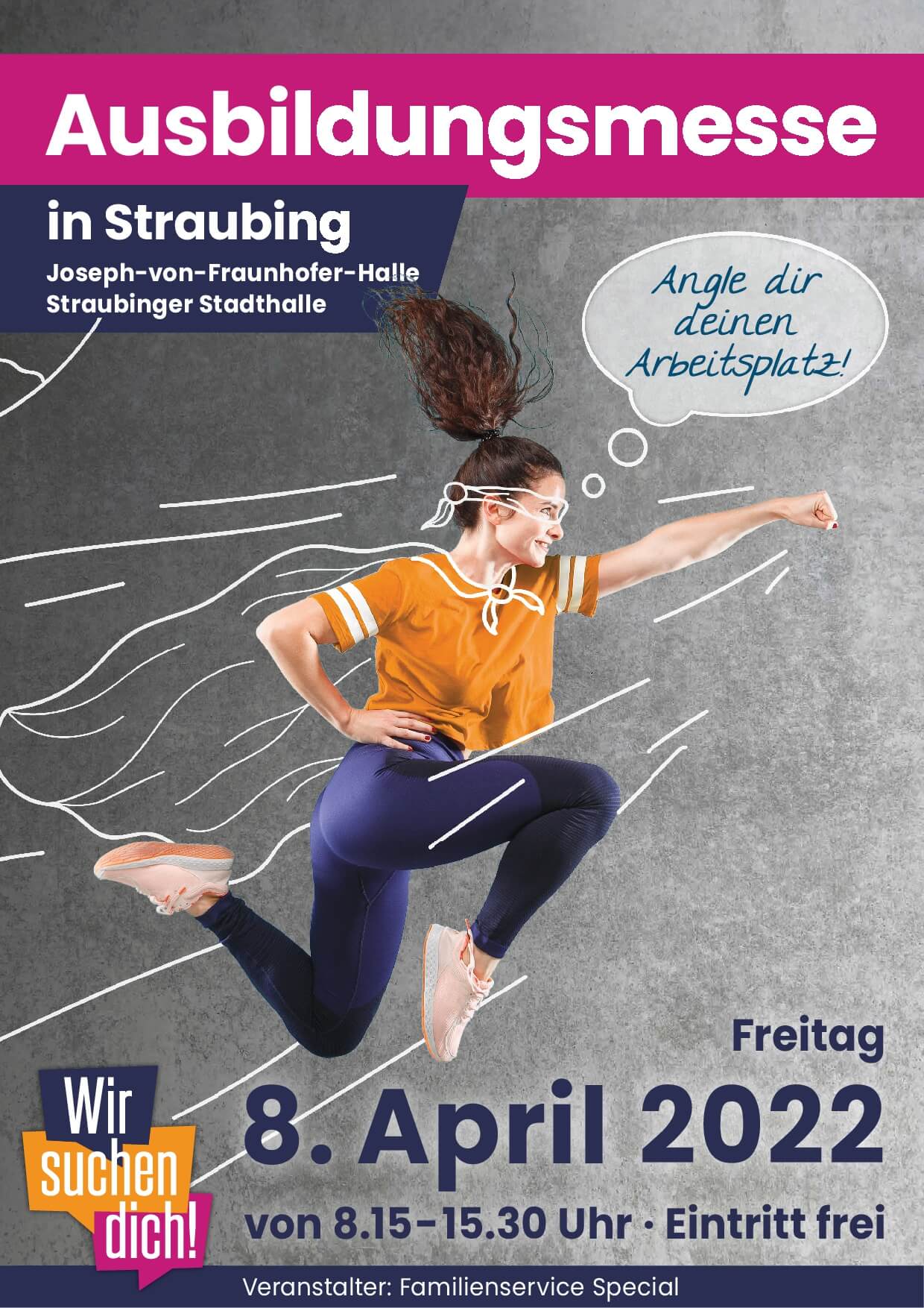 Flyer Ausbildungsmesse in Straubing, eine Frau in sportlicher Kleidung springt nach oben und zeigt wie eine Superheldin nach rechts
