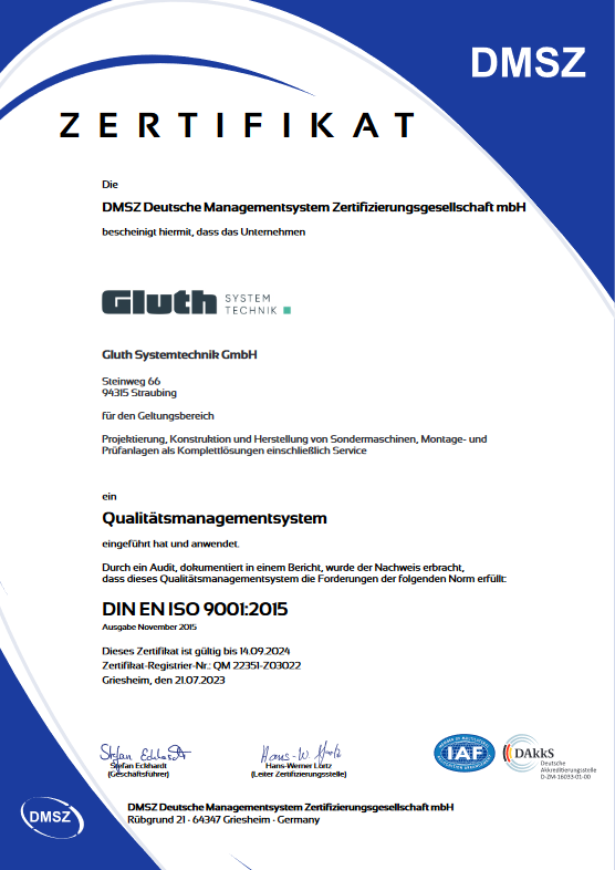 Zertifikat der DMSZ an die Firma Gluth für ein Qualitätsmanagementsystem
